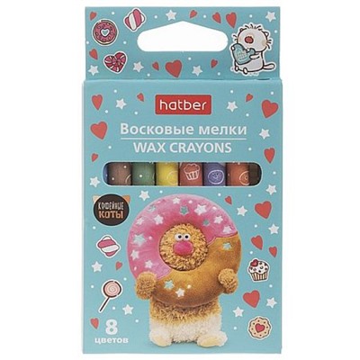 Мелки восковые 8цв "Кофейные коты" круглый корпус 9мм,картон.короб.с европодвесом (092083) Хатбер