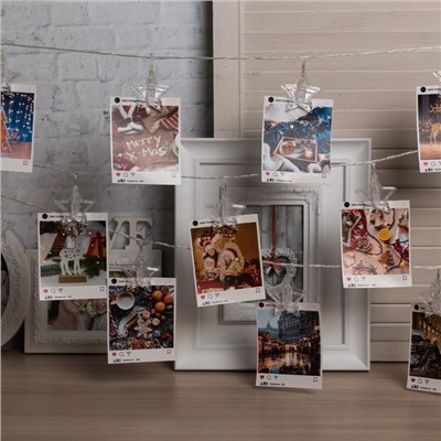 Гирлянда «Нить» 4.5 м с насадками «Прищепки-звёзды», IP20, прозрачная нить, 20 LED, свечение белое, 220 В