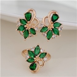 Комплект ювелирной бижутерии коллекция "Дубай" серьги и кольцо 16 р, покрытие позолота, вставка: фианиты, цвет: изумрудно-зеленый и прозрачный, арт.215.480-16