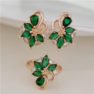 Комплект ювелирной бижутерии коллекция "Дубай" серьги и кольцо 16 р, покрытие позолота, вставка: фианиты, цвет: изумрудно-зеленый и прозрачный, арт.215.480-16