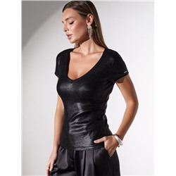 Футболка облегающая из хлопка в рубчик с V вырезом и матовым покрытием металлик