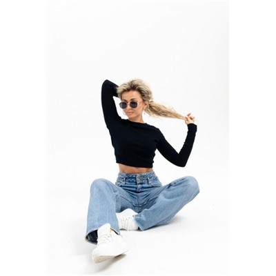 14411 футболка с дл.рукавом укороченная женская (Черный)