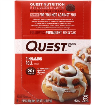 Quest Nutrition, Питательный батончик, со вкусом корицы, 12 шт., 60 г (2,12 унции) каждый