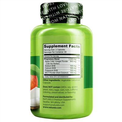 NATURELO, Apple Cider Vinegar with Keto Salts & MCT Oil, 120 Vegetarian Capsules