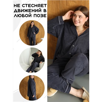 Теплая махровая пижама с брюками однотонная 48-56