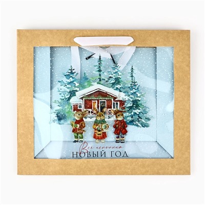 Пакет подарочный новогодний крафтовый с пластиковым окном «Новый год», 31×26×11 см