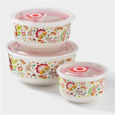 Набор салатников с вакуумными крышками «Ирена», 3 предмета: 300 мл, 600 мл, 900 мл, керамика