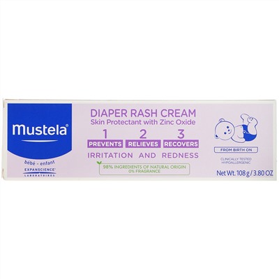 Mustela, детский крем от опрелостей «1-2-3», без отдушек, 108 г (3,80 унции)