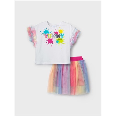 Комплект трикотажный для девочек: джемпер (футболка), юбка-шорты