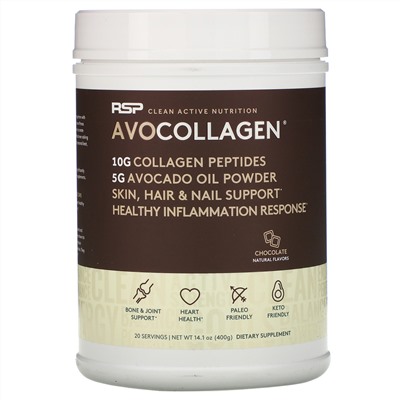 RSP Nutrition, AvoCollagen, пептиды коллагена и масло авокадо в виде порошка, шоколадный вкус, 400 г (14,1 унции)