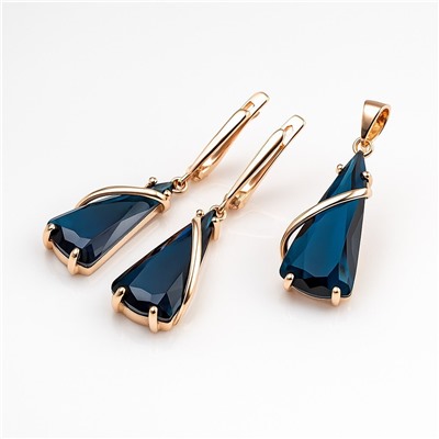Комплект ювелирной бижутерии коллекция "Дубай" серьги и кулон, покрытие позолота, вставка: фианиты, цвет: суровый синий, арт.414.048