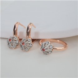 Комплект ювелирной бижутерии коллекция "Дубай" серьги и кольцо 17 р, покрытие позолота, вставка: фианиты, цвет: красный, арт.213.974-17