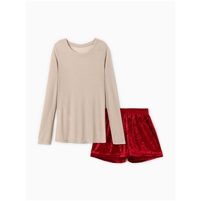 Пижама женская (лонгслив, шорты) KAFTAN «Бархат», размер 48-50, цвет бордовый, бежевый