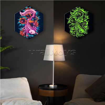 Картина по номерам 37х32 "Аксолотль" со светящейся краской черный холст Гексагон (17 цветов)