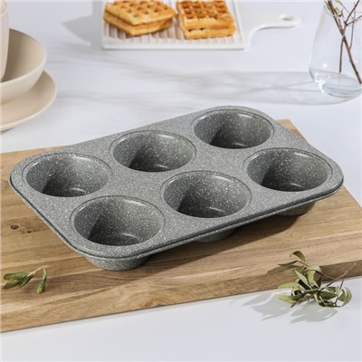 Форма для выпечки «Элин Мрамор. Кекс», 31.5×21.5×3.7 см, 6 ячеек, антипригарное покрытие, цвет серый