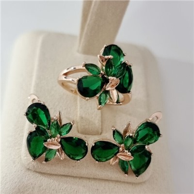 Комплект ювелирной бижутерии коллекция "Дубай" серьги и кольцо 17 р, покрытие позолота, вставка: стекло, цвет: зеленый, арт.215.560-17