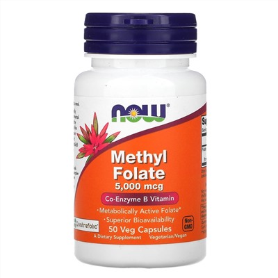 Now Foods, метилфолат, 5000 мкг, 50 растительных капсул