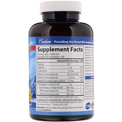 Carlson Labs, Wild Norwegian, Cod Liver Oil Gems, Low Vitamin A, Natural Lemon Flavor, 230 mg, 150 Soft Gels
