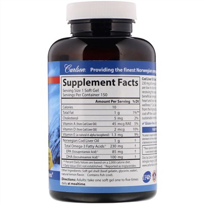 Carlson Labs, Wild Norwegian, Cod Liver Oil Gems, Low Vitamin A, Natural Lemon Flavor, 230 mg, 150 Soft Gels