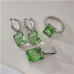 Комплект ювелирной бижутерии коллекция "Дубай" серьги, кулон и кольцо 19 р покрытие посеребрение, вставка: стекло, цвет: светло-зеленый, арт.215.592-19