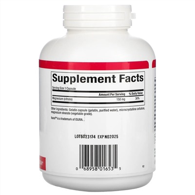 Natural Factors, цитрат магния, 150 мг, 180 капсул
