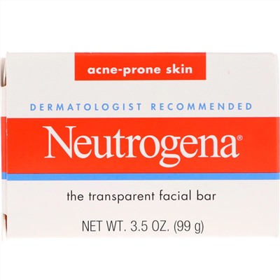 Neutrogena, Прозрачное кусковое мыло для лица, для кожи, склонной к акне, 99 г (3,5 унции)