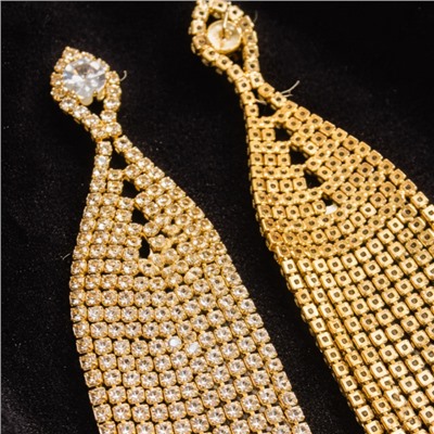 Серьги длинные женские вечерние со стразами, цвет: золотистый и прозрачный, арт.012.049