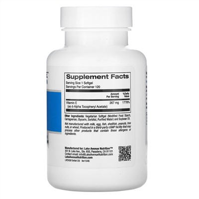 Lake Avenue Nutrition, витамин E, 400 МЕ, 120 растительных капсул