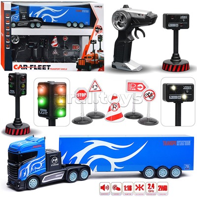 Машина "Контейнеровоз" с дорожными знаками (синий) р/у, 27 MHz, в коробке