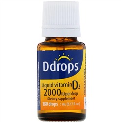 Ddrops, Жидкий витамин D3, 2000 МЕ, 5 мл (0,17 жидкой унции)