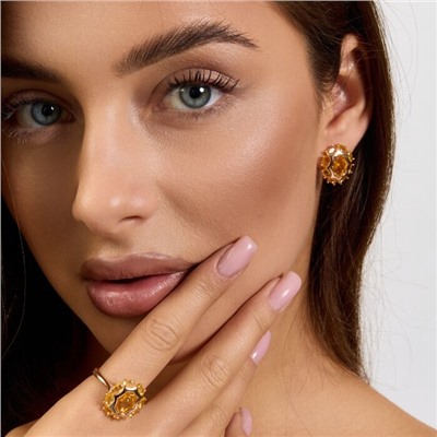 Комплект ювелирной бижутерии коллекция "Дубай" серьги и кольцо 19 р, покрытие позолота, вставка: стекло, цвет: желтый, арт.215.568-19