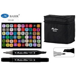 Набор  60 скетч маркеров перманентных 1,0-7,0 мм,двустор.,черн. квадр. корпус, тканевая черная сумка на молнии 155-60 Basir