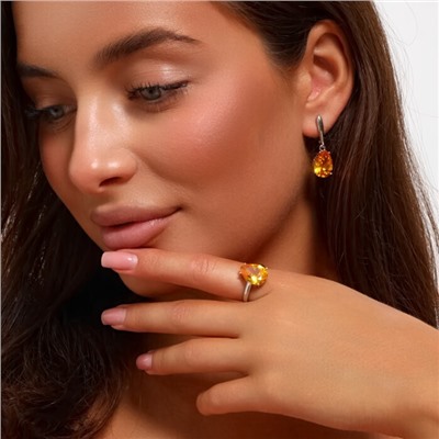 Комплект ювелирная бижутерия серьги и кольцо 18 р, покрытие: посеребрение, вставка: фианит, цвет: желтый, арт.313.076-18