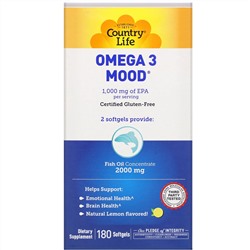 Country Life, Omega 3 Mood, с натуральным вкусом лимона, 180 мягких желатиновых капсул