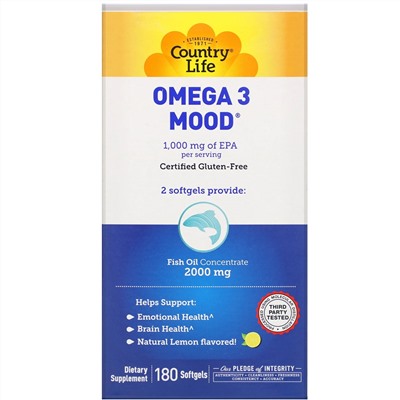 Country Life, Omega 3 Mood, с натуральным вкусом лимона, 180 мягких желатиновых капсул
