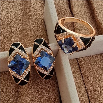 Комплект ювелирной бижутерии Дубайское золото серьги и кольцо, покрытие позолота, вставка: эмаль и фианиты, цвет: черный и синий, р-р 17, арт.314.458-17