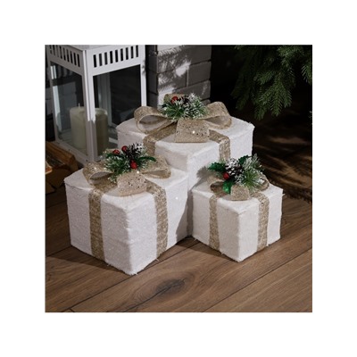 Светодиодная фигура «Подарки с бежевой лентой» 15, 20, 25 см, текстиль, металл, 220 В, свечение тёплое белое