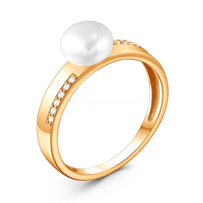 Кольцо из золочёного серебра с культ. жемчугом и фианитами 925 пробы 1-300з1005