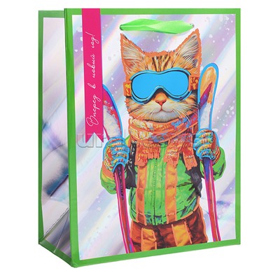 Бумажный пакет для сувенирной продукции с голографией, флюорисцентная печать, с шириной основания 18