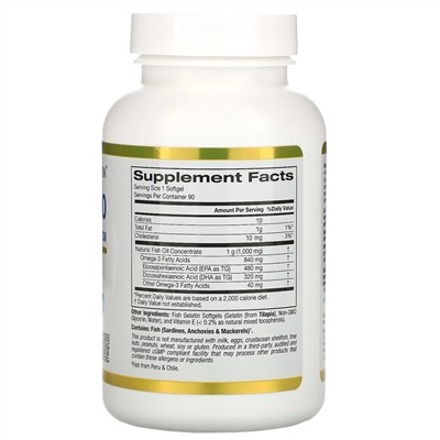 California Gold Nutrition, омега 800, рыбий жир фармацевтической степени чистоты, 80% ЭПК/ДГК, в форме триглицеридов, 1000 мг, 90 капсул из рыбьего желатина