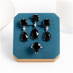 Комплект ювелирной бижутерии коллекция "Дубай" серьги, кулон и кольцо 20 р, покрытие посеребрение, вставка: стекло, цвет: черный, арт.414.182-20