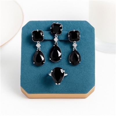 Комплект ювелирной бижутерии коллекция "Дубай" серьги, кулон и кольцо 20 р, покрытие посеребрение, вставка: стекло, цвет: черный, арт.414.182-20