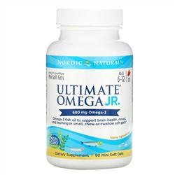 Nordic Naturals, Ultimate Omega Junior, для детей от 6 до 12 лет, со вкусом клубники, 680 мг, 90 мини-капсул