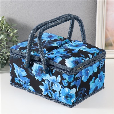 Шкатулка для рукоделия и шитья «Голубые цветы на синем», хранение ниток, иголок, мелочи, 19×26×14.5 см
