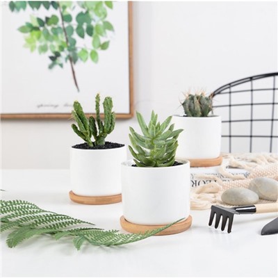Горшок для цветов «Эко» керамический, 500 мл, 10×9.5 см, с деревянной подставкой, белый