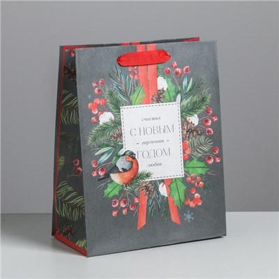 Пакет подарочный новогодний крафтовый «Счастья и любви», MS 18×23×10 см