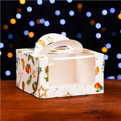 Коробка под бенто - торт с окном «Мандарины и звезды», 14×14×8 см