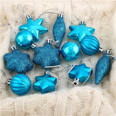 Ёлочные игрушки «Талла», шары новогодние, набор 12 шт. (4 шара, 2 сосульки, 6 звёзд), голубой