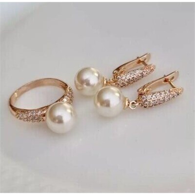 Комплект ювелирной бижутерии коллекция "Дубай" серьги и кольцо, покрытие: позолота, вставка: иск.жемчуг, р-р 20, 32222, арт.214.988-20