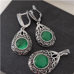 Крупный комплект ювелирной бижутерии серьги, кулон и кольцо 20 р, покрытие посеребрение, вставка: фианиты и искусственный камень кошачий глаз, цвет: графитовый и зеленый, арт.314.921-20